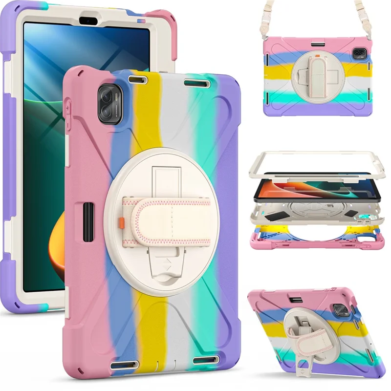 For Xiaomi Pad 5 Case Hand Strap Kickstand PC+Silicone Tablet Cover with Shoulder Strap - Colorful Pink