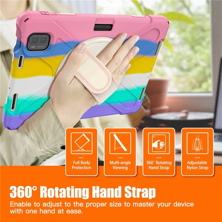 For Xiaomi Pad 5 / Pad 5 Pro Case Kickstand PC+Silicone Rugged Tablet Cover with Hand Strap - Colorful Pink