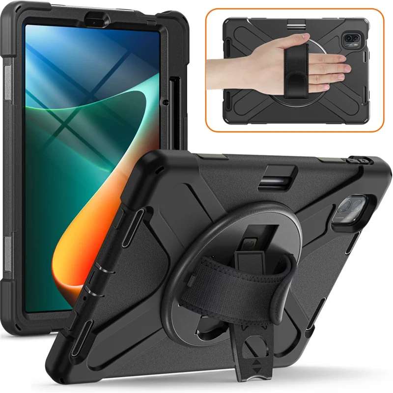For Xiaomi Pad 5 / Pad 5 Pro Case Rotary Kickstand PC+Silicone Hand Strap Tablet Cover - Black