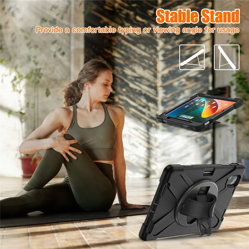 For Xiaomi Pad 5 / Pad 5 Pro Case Rotary Kickstand PC+Silicone Hand Strap Tablet Cover - Black