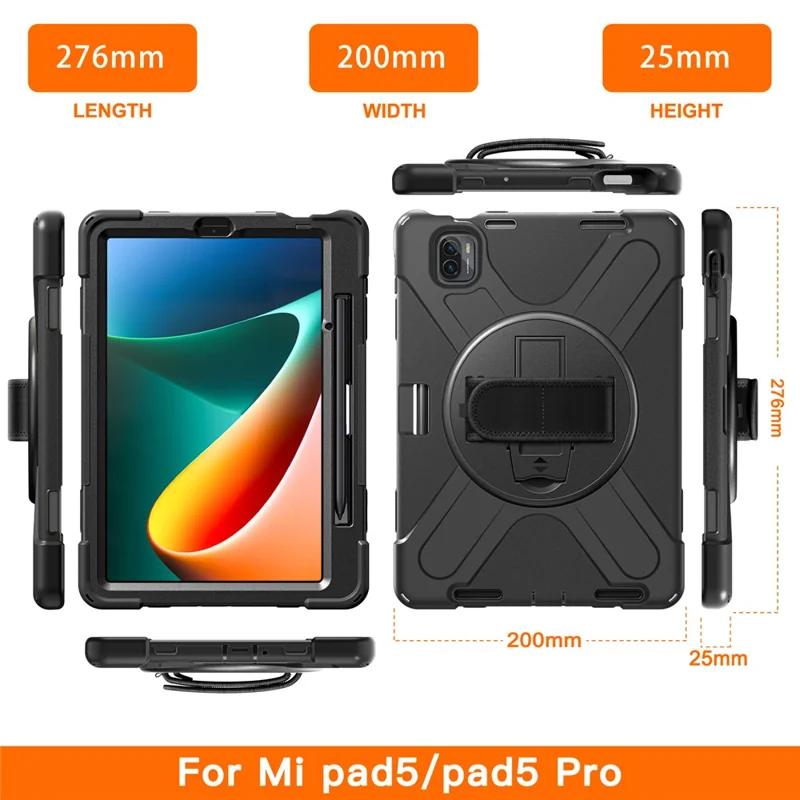 For Xiaomi Pad 5 / Pad 5 Pro Case Rotary Kickstand PC+Silicone Hand Strap Tablet Cover - Black