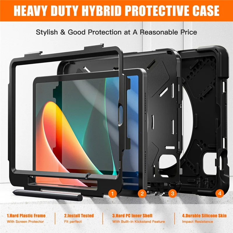 For Xiaomi Pad 5 / Pad 5 Pro Case Rotary Kickstand PC+Silicone Hand Strap Tablet Cover - Black