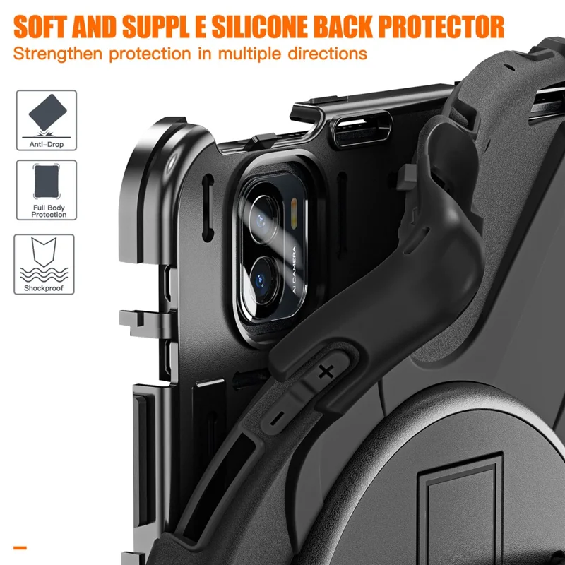 For Xiaomi Pad 5 / Pad 5 Pro Case Rotary Kickstand PC+Silicone Hand Strap Tablet Cover - Black