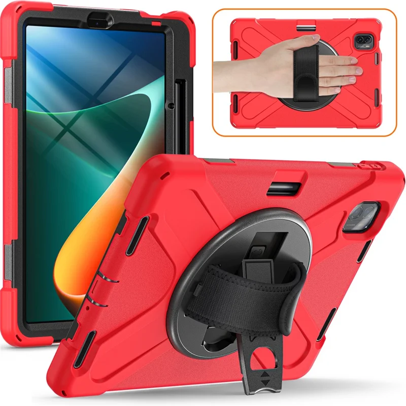 Für Xiaomi Pad 5 / Pad 5 Pro Hülle Kickstand PC+Silikon Robuste Tablet-Abdeckung mit Handschlaufe - Rot