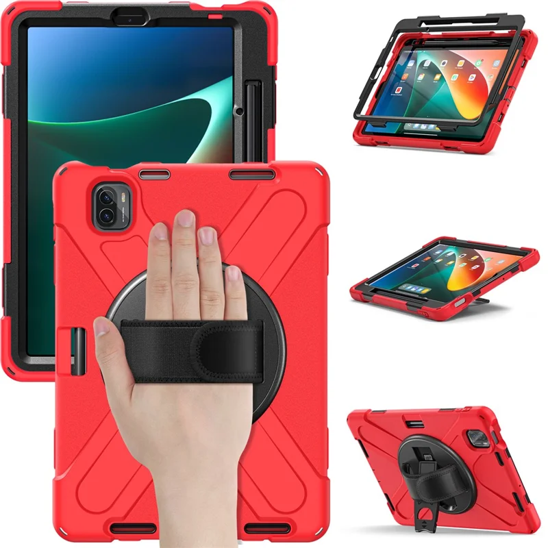 Für Xiaomi Pad 5 / Pad 5 Pro Hülle Kickstand PC+Silikon Robuste Tablet-Abdeckung mit Handschlaufe - Rot