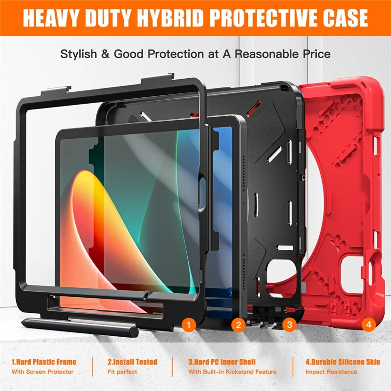 Für Xiaomi Pad 5 / Pad 5 Pro Hülle Kickstand PC+Silikon Robuste Tablet-Abdeckung mit Handschlaufe - Rot