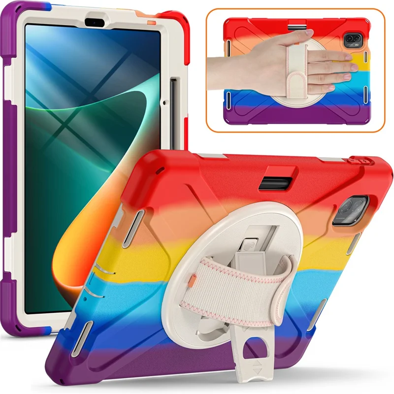 For Xiaomi Pad 5 / Pad 5 Pro Case Rotary Kickstand PC+Silicone Hand Strap Tablet Cover - Colorful Red