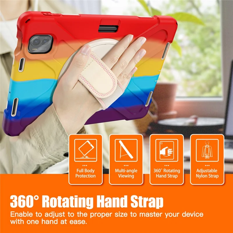 For Xiaomi Pad 5 / Pad 5 Pro Case Rotary Kickstand PC+Silicone Hand Strap Tablet Cover - Colorful Red