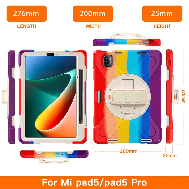 For Xiaomi Pad 5 / Pad 5 Pro Case Rotary Kickstand PC+Silicone Hand Strap Tablet Cover - Colorful Red