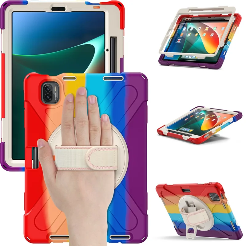 For Xiaomi Pad 5 / Pad 5 Pro Case Rotary Kickstand PC+Silicone Hand Strap Tablet Cover - Colorful Red