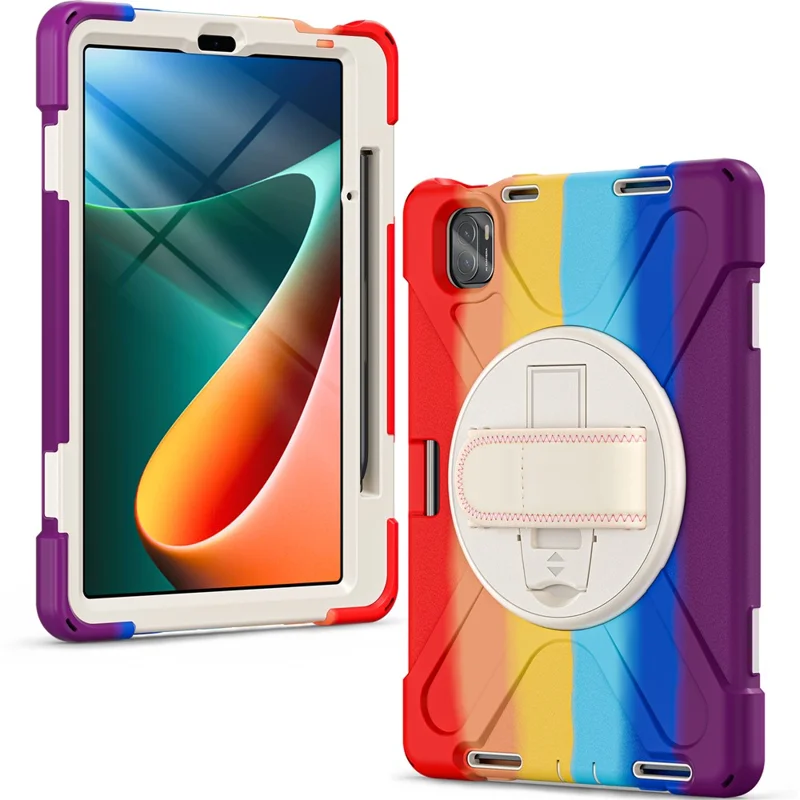 For Xiaomi Pad 5 / Pad 5 Pro Case Rotary Kickstand PC+Silicone Hand Strap Tablet Cover - Colorful Red