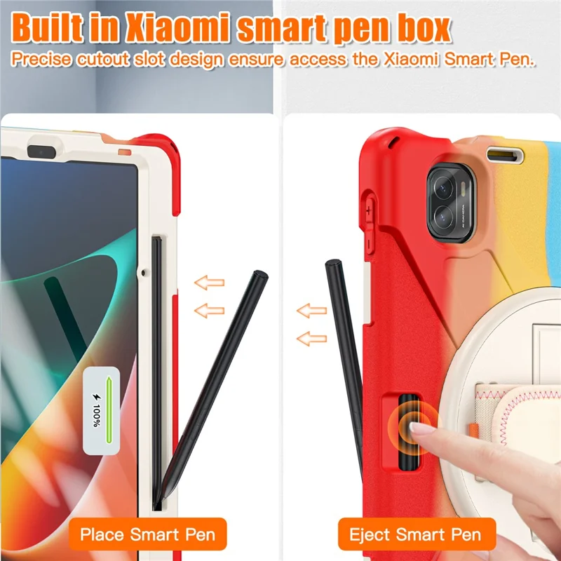 For Xiaomi Pad 5 / Pad 5 Pro Case Rotary Kickstand PC+Silicone Hand Strap Tablet Cover - Colorful Red