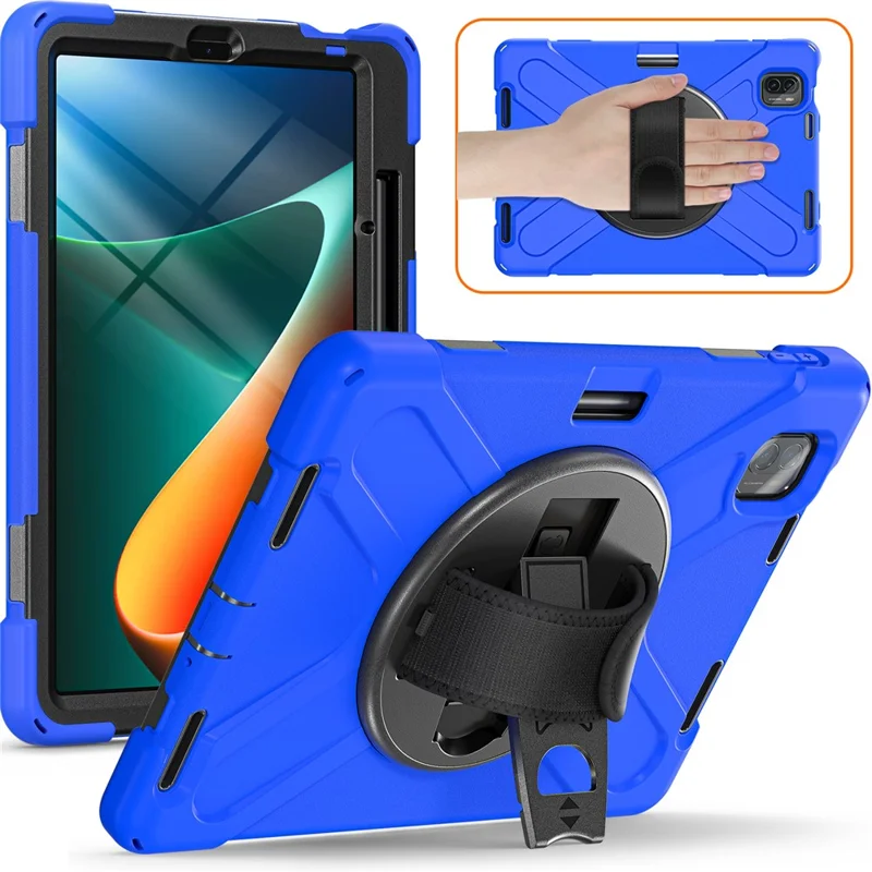 For Xiaomi Pad 5 / Pad 5 Pro Case Rotary Kickstand PC+Silicone Hand Strap Tablet Cover - Blue