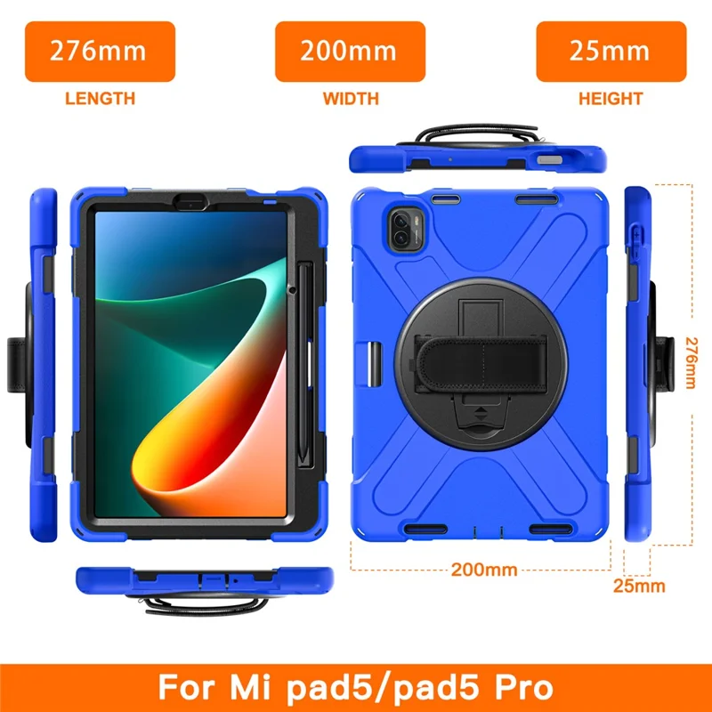 For Xiaomi Pad 5 / Pad 5 Pro Case Rotary Kickstand PC+Silicone Hand Strap Tablet Cover - Blue