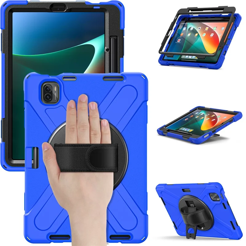 For Xiaomi Pad 5 / Pad 5 Pro Case Rotary Kickstand PC+Silicone Hand Strap Tablet Cover - Blue
