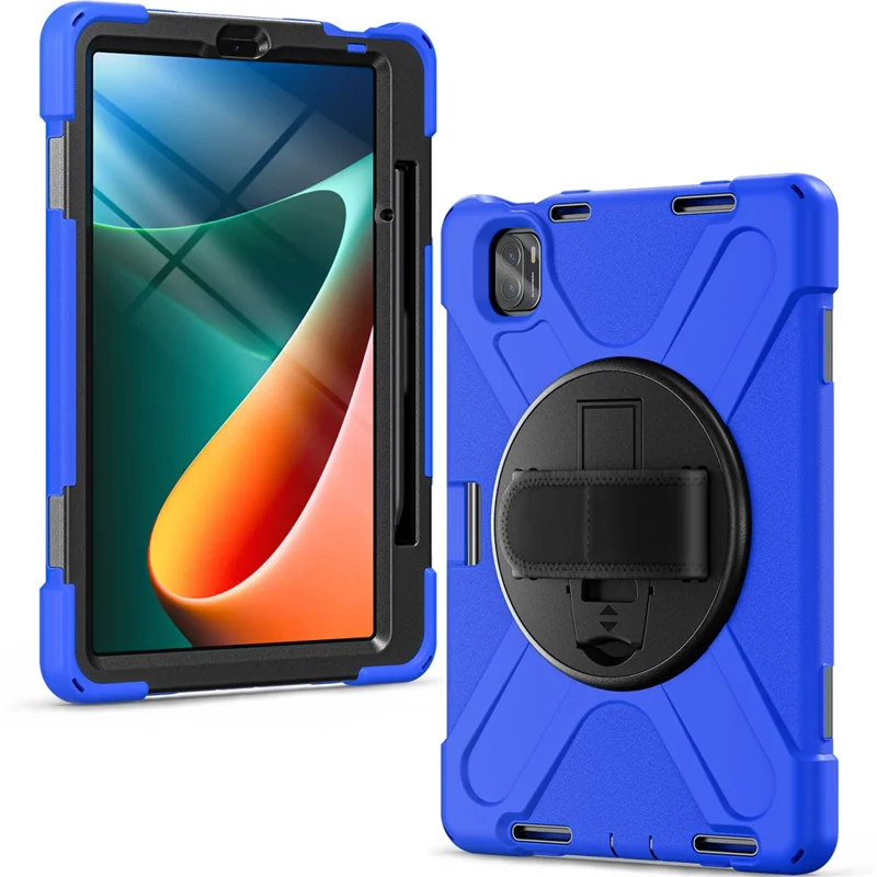 For Xiaomi Pad 5 / Pad 5 Pro Case Rotary Kickstand PC+Silicone Hand Strap Tablet Cover - Blue