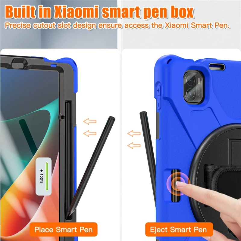 For Xiaomi Pad 5 / Pad 5 Pro Case Rotary Kickstand PC+Silicone Hand Strap Tablet Cover - Blue