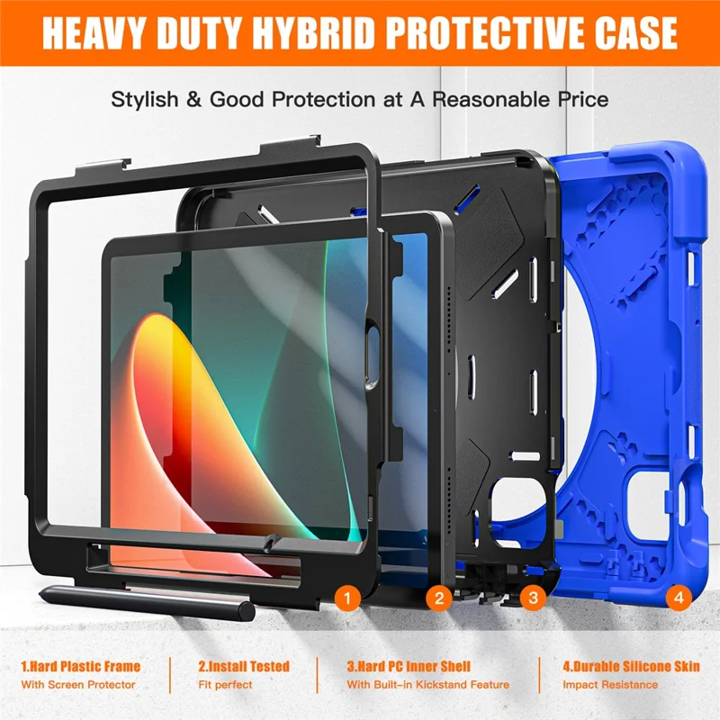For Xiaomi Pad 5 / Pad 5 Pro Case Rotary Kickstand PC+Silicone Hand Strap Tablet Cover - Blue