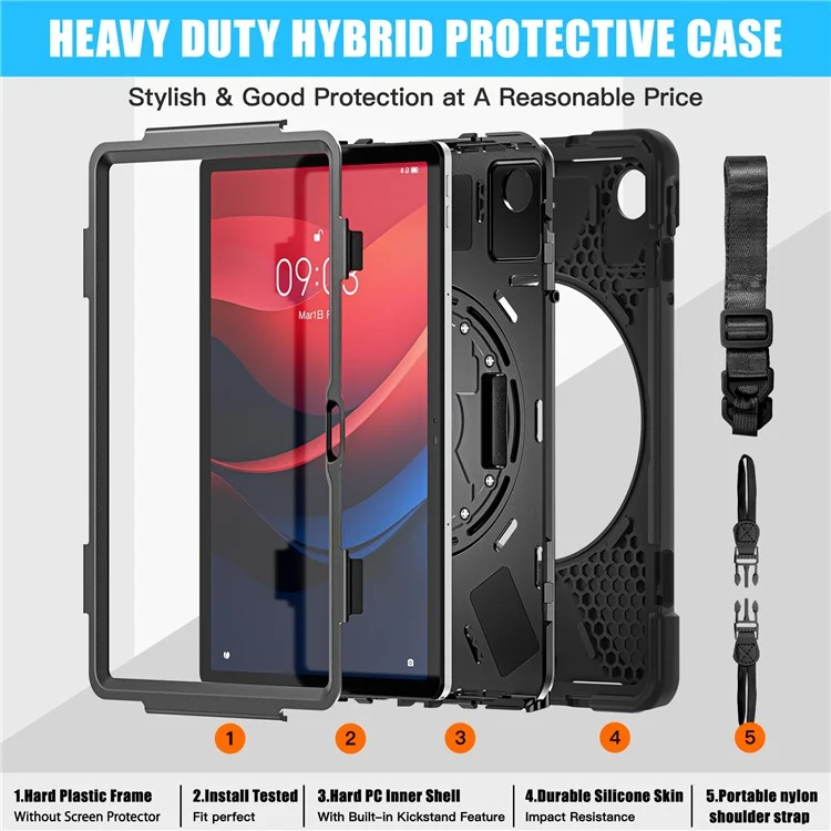 Für Lenovo Tab M11 TB-330FU / 331FC / Xiaoxin Pad 11 2024 Hülle PC+Silikon Tablet Cover mit Schultergurt - Schwarz