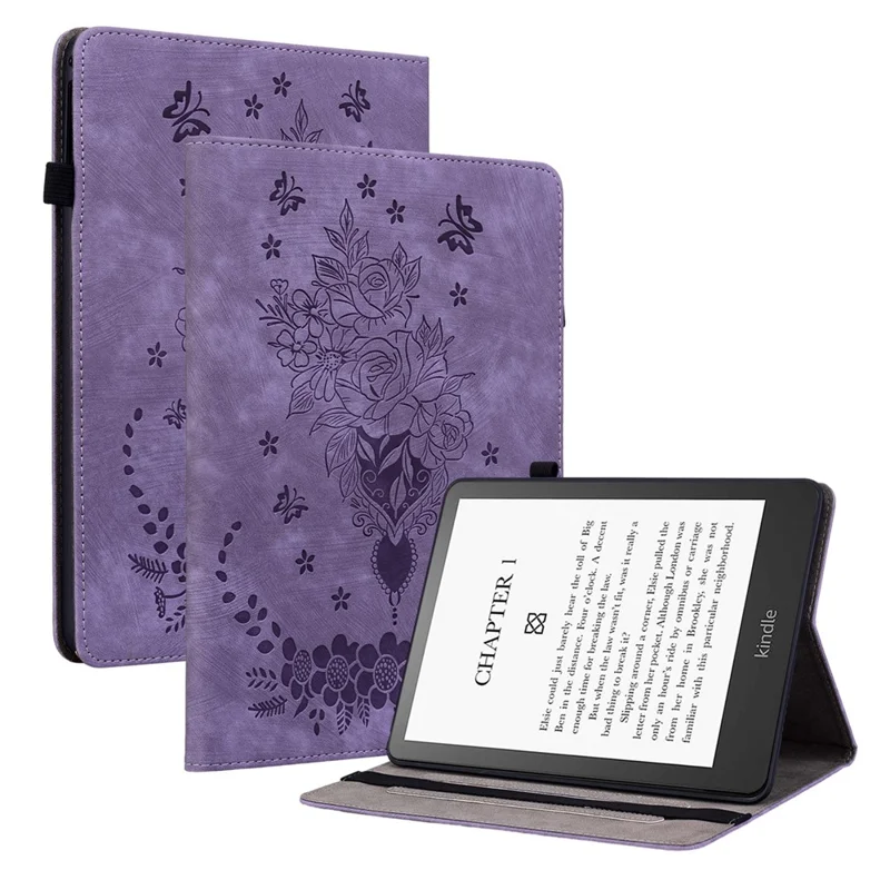 For Amazon Kindle Paperwhite (2024) / Kindle Colorsoft Leather Case Card Holder Rose Flower E-Reader Cover - Purple