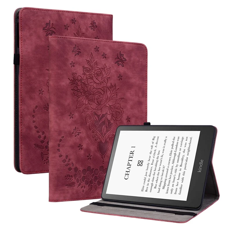For Amazon Kindle Paperwhite (2024) / Kindle Colorsoft Leather Case Card Holder Rose Flower E-Reader Cover - Red