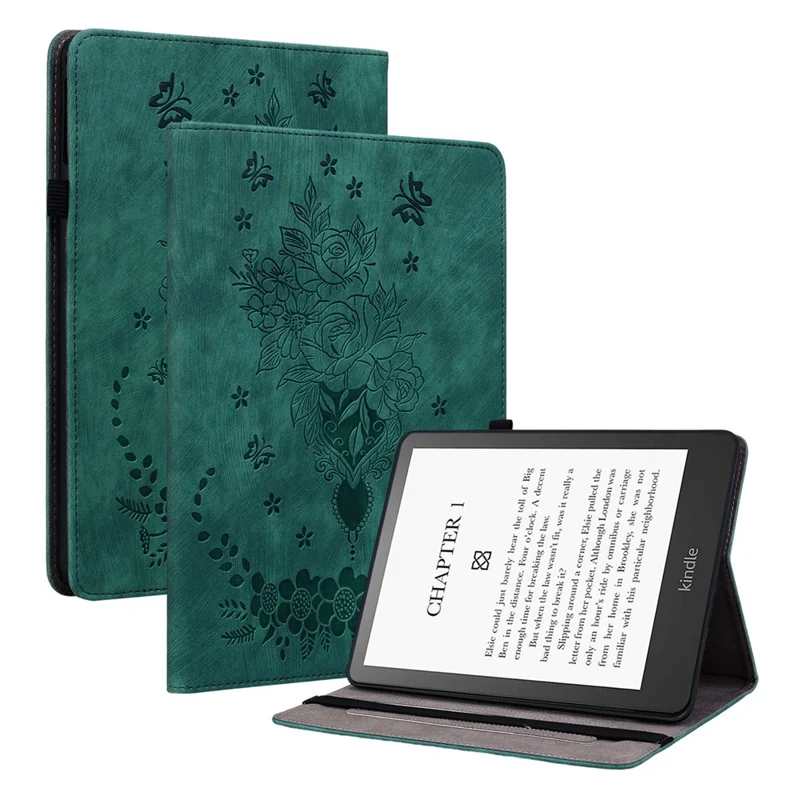 For Amazon Kindle Paperwhite (2024) / Kindle Colorsoft Leather Case Card Holder Rose Flower E-Reader Cover - Green