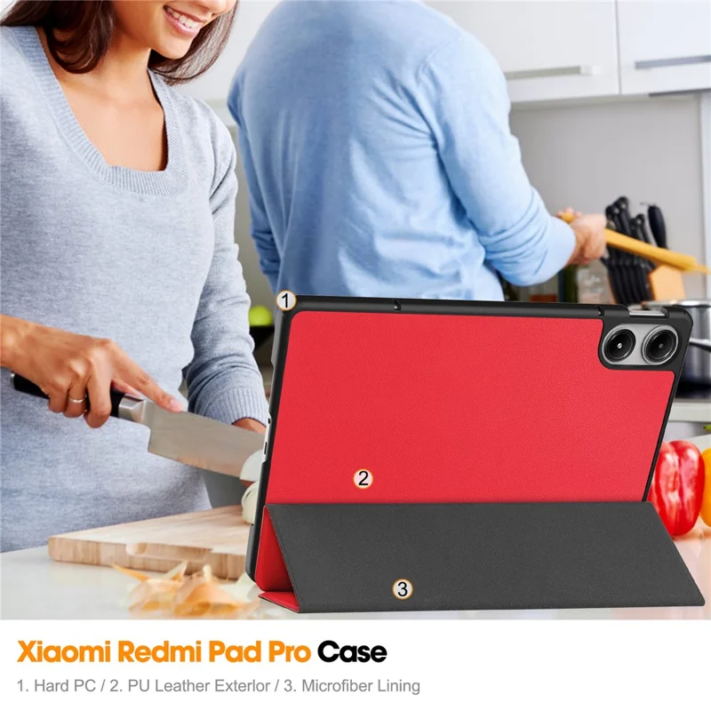 Funda para Tablet Xiaomi Redmi Pad Pro/Redmi Pad Pro 5G/Poco Pad con Soporte Tríptico de Cuero - Rojo