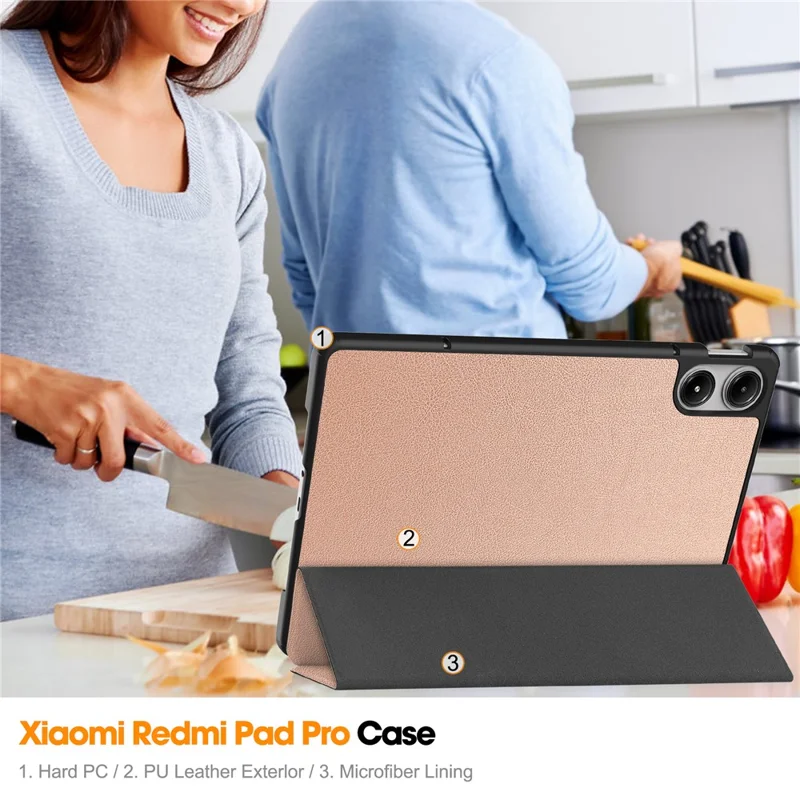 Tablet Case for Xiaomi Redmi Pad Pro/Redmi Pad Pro 5G/Poco Pad Tri-Fold Stand Leather Cover - Rose Gold