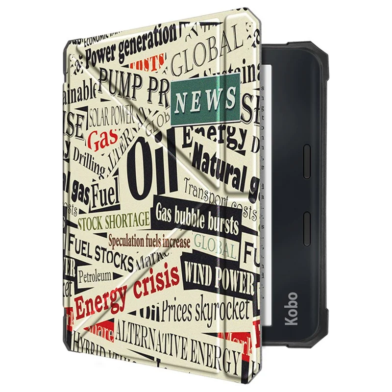 For Kobo Libra 2 N418 E-Reader Case Pattern Printing Origami Stand TPU+PU Leather Tablet Cover - News Paper