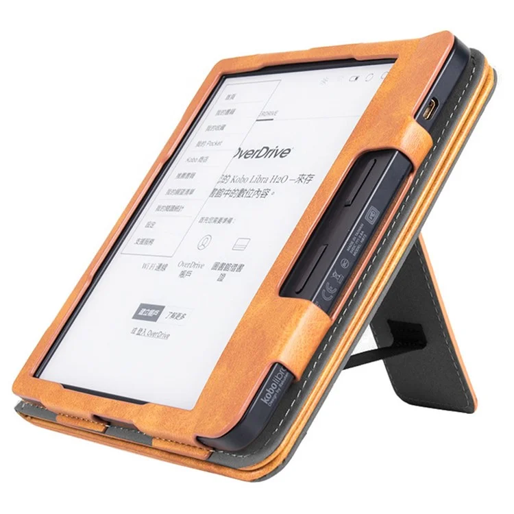 Für Kobo Libra 2 N418 Tablet Case Auto Wake / Sleep PU Leder E-Reader Cover mit Handschlaufe, Ständer - Braun