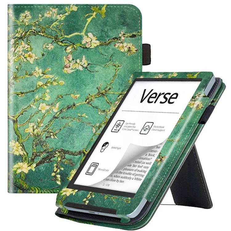 Pour PocketBook Verse PB629 E-Reader Étui Kickstand PU Cuir Flip Cover Support Auto Wake / Sleep - Fleur de Prune / Vert