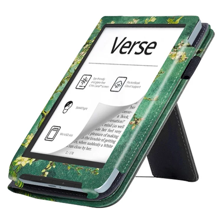 Pour PocketBook Verse PB629 E-Reader Étui Kickstand PU Cuir Flip Cover Support Auto Wake / Sleep - Fleur de Prune / Vert
