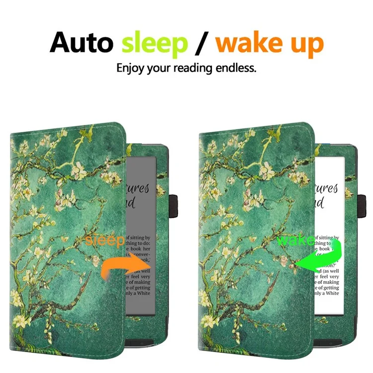 Pour PocketBook Verse PB629 E-Reader Étui Kickstand PU Cuir Flip Cover Support Auto Wake / Sleep - Fleur de Prune / Vert