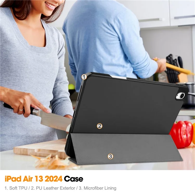 Para o iPad Air 13 (2024) Capa de Couro Tri-fold Stand Capa para Tablet com Slot para Caneta - Preto