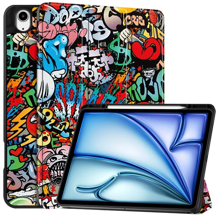 Para iPad Air 13 (2024) Carcasa Estampado Patrón Tri-fold Soporte Cubierta de Cuero con Ranura para Bolígrafo - Graffiti