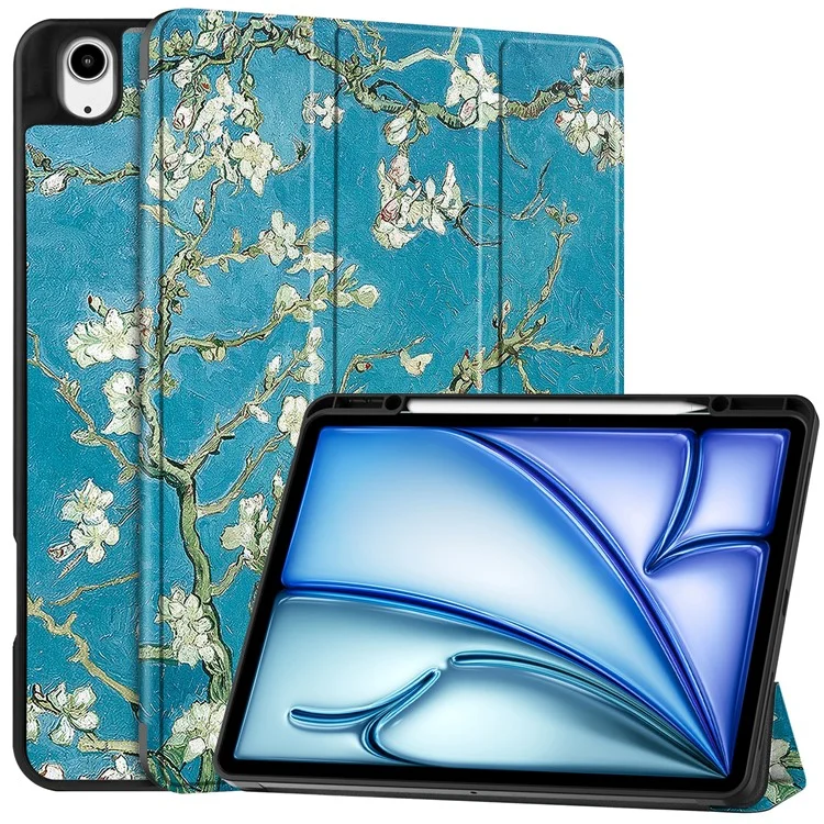 Para iPad Air 13 (2024) Case Pattern Printing Tri-fold Stand Leather Cover with Pen Slot - Apricot Blossom