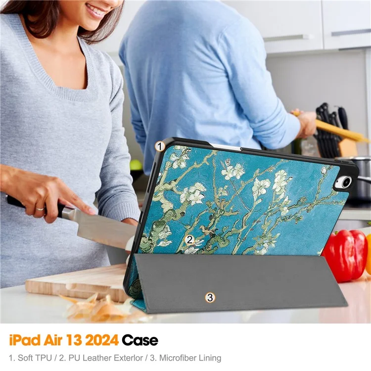 Para iPad Air 13 (2024) Case Pattern Printing Tri-fold Stand Leather Cover with Pen Slot - Apricot Blossom