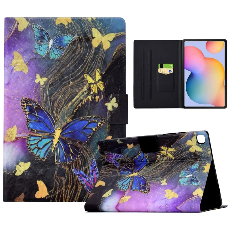 For Samsung Galaxy Tab S6 Lite (2020) / (2022) / (2024) (SM-P610 / 615) Case Pattern Printing Leather Tablet Cover with Card Holder - Golden Butterflies