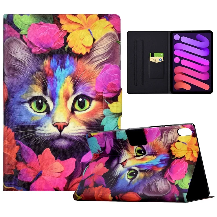 For iPad mini (2024) / mini (2021) Case PU Leather Card Slots Tablet Cover with Auto Wake / Sleep - Rose Cat