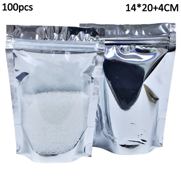 MX-009 100Pcs 14x20cm+4cm Food Storage Packaging Pouch Clear Silver Aluminum Foil Bags (No FDA, BPA-Free)