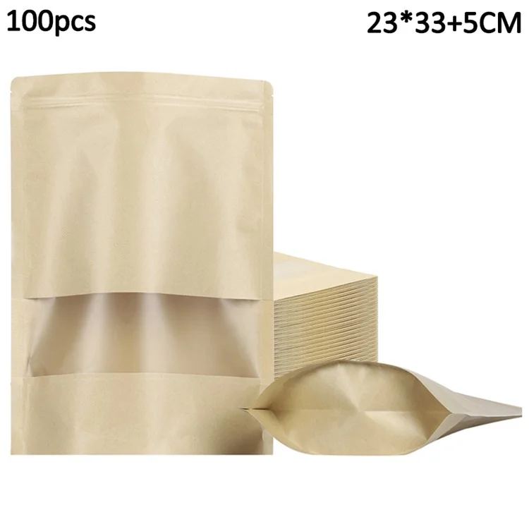 MX-001 100Pcs 23x33cm+5cm 28C Bolsas de papel Kraft con cremallera y ventana transparente para almacenamiento de alimentos