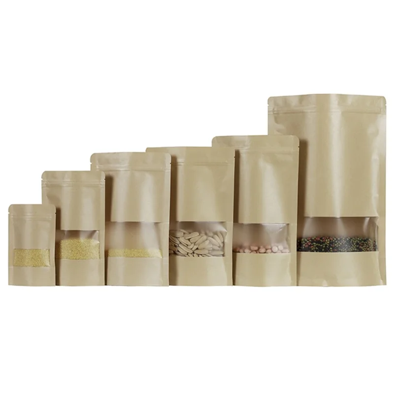 MX-001 100 pezzi 14x22cm+4cm 28C sacchetti di carta kraft per alimenti a chiusura lampo con finestra trasparente