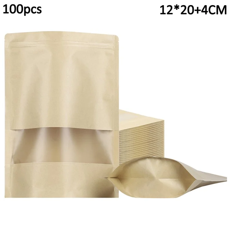 MX-001 100Pcs Resealable Bags 12x20cm+4cm Stand Up Kraft Paper Bags with Clear Window Food Storage Bags (No FDA, BPA-Free)