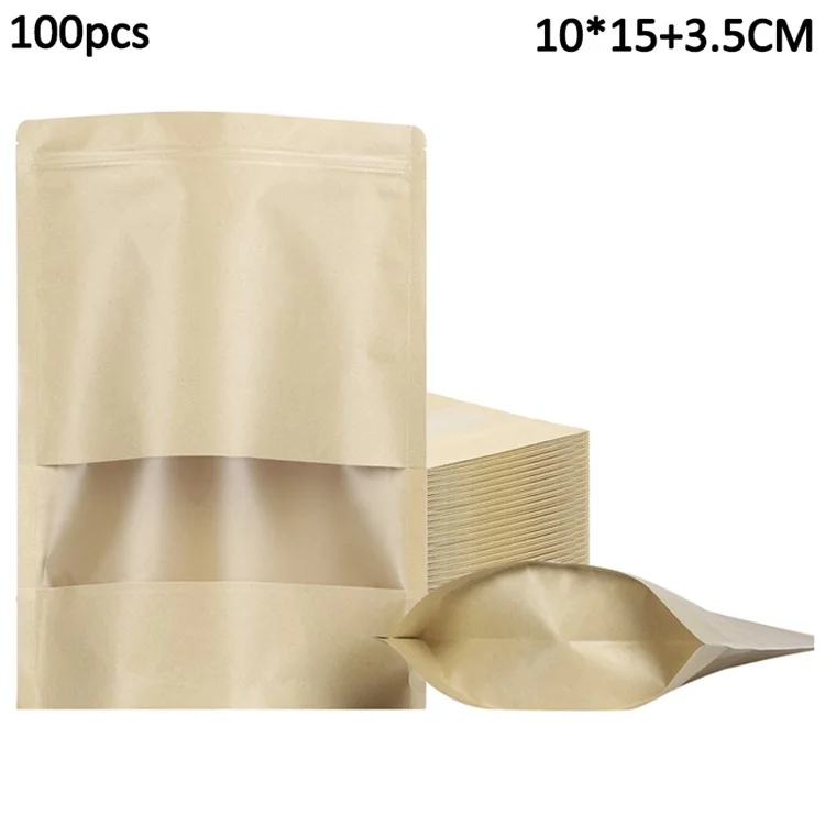 MX-001 100Pcs 10x15cm+3.5cm Bolsas de papel kraft 28C con cierre hermético y ventana transparente (sin certificación FDA)