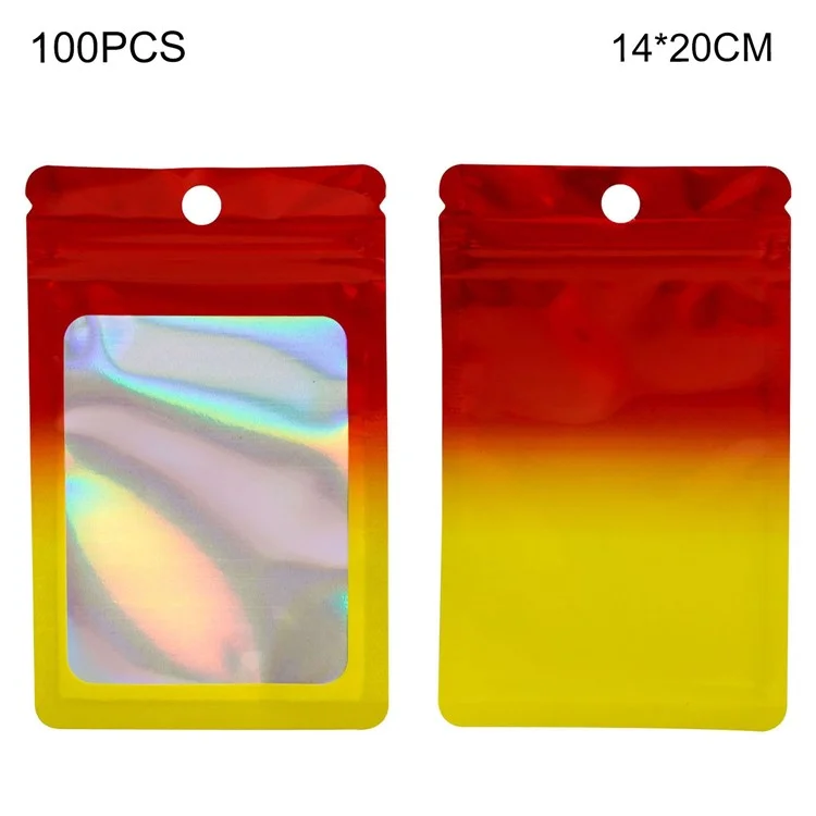 MX-109 100Pcs Resealable Holographic Bags 14x20cm 14C Ziplock Packing Pouch Bags with Clear Matte Window - Red+Yellow