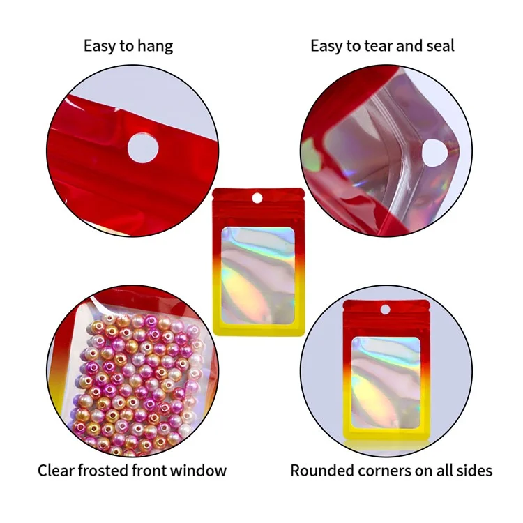 MX-109 100Pcs Resealable Holographic Bags 14x20cm 14C Ziplock Packing Pouch Bags with Clear Matte Window - Red+Yellow