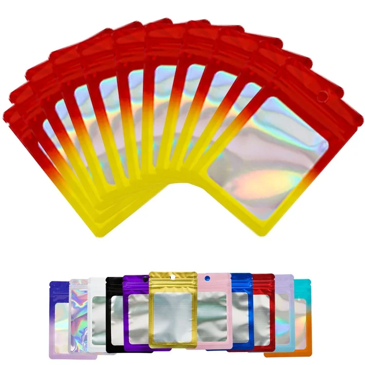 MX-109 100Pcs Resealable Holographic Bags 14x20cm 14C Ziplock Packing Pouch Bags with Clear Matte Window - Red+Yellow