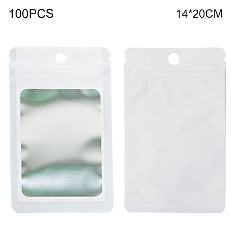 MX-109 100Pcs Resealable Holographic Bags 14x20cm Ziplock Packing Pouch Bags with Clear Matte Window - White