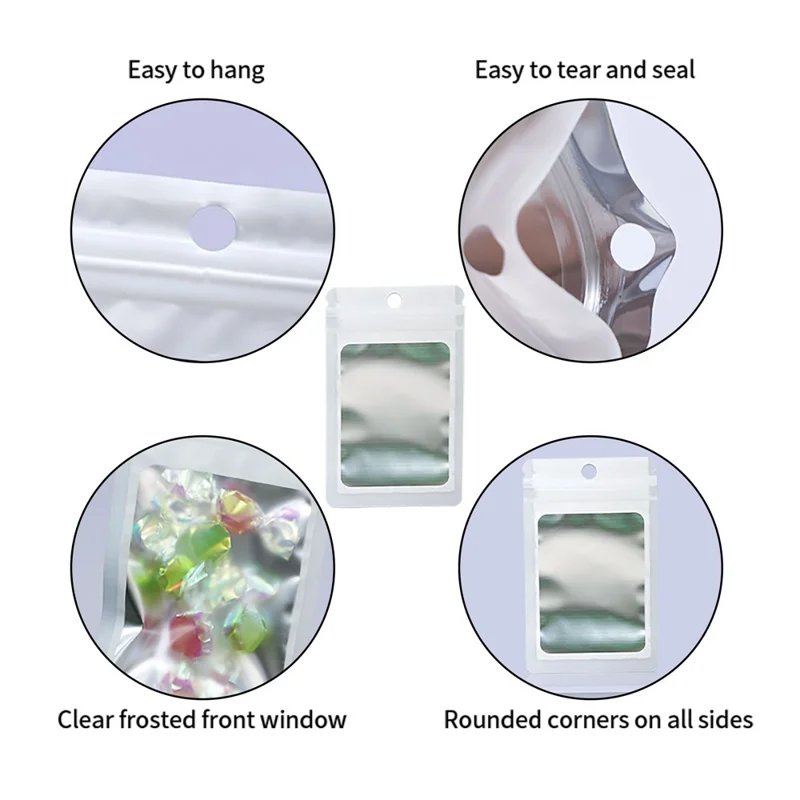 MX-109 100Pcs Resealable Holographic Bags 14x20cm Ziplock Packing Pouch Bags with Clear Matte Window - White