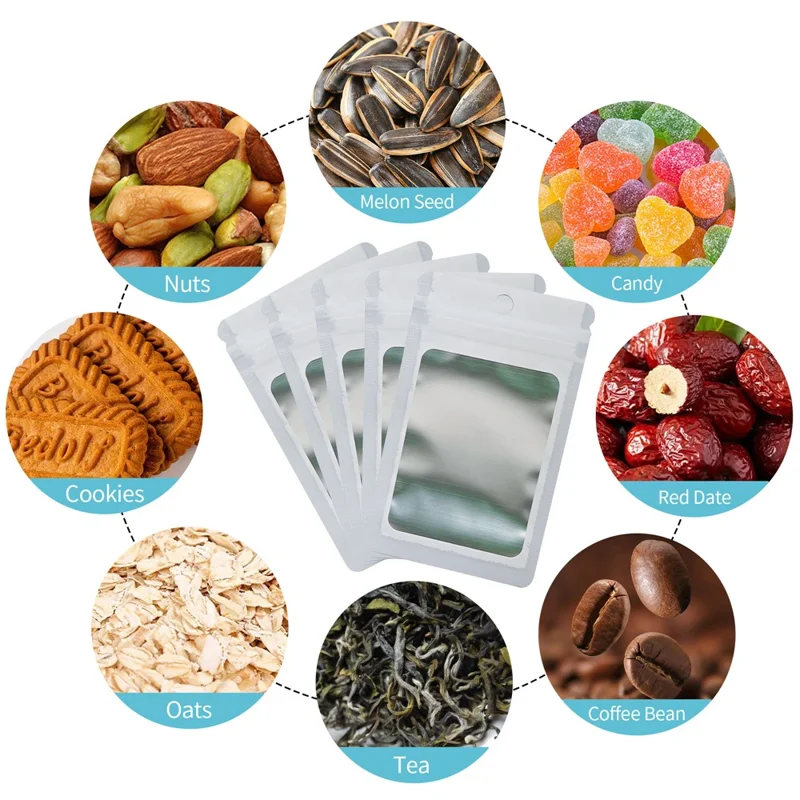 MX-109 100Pcs Resealable Holographic Bags 14x20cm Ziplock Packing Pouch Bags with Clear Matte Window - White